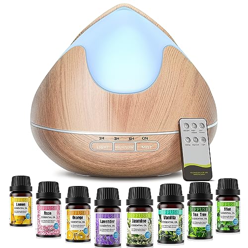 Aroma Diffuser, Duftöl Diffuser mit 8 X10ml Ätherische Öle Set, 14 Farben LED Diffuser für Duftöle Luftbefeuchter Diffuser mit Fernbedienung, BPA-freier, 4 Timern, Auto-Off von JRXH