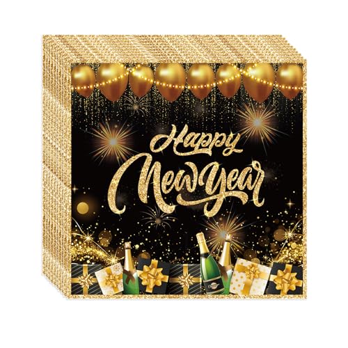 JRYBXS Servietten Silvester, Silvester Deko, 20 Stück Silvester Servietten Happy New Year Servietten in Schwarz Gold Können für die Deko Silvester Party 2025 Tisch (Servietten Silvester) von JRYBXS