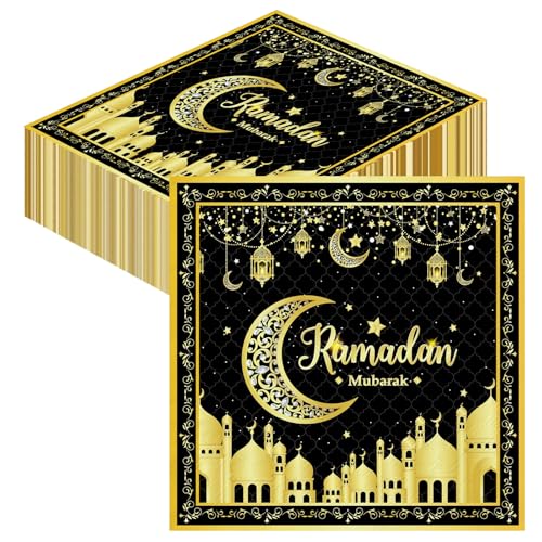 Ramadan Servietten,Ramadan Deko,33 × 33cm Schwarzes Gold Ramadan Dekoration Servietten Ramadan, 20 Stück Ramadan Tischdeko Eid Mubarak Dekoration Servietten,für Party und Familienessenzubehör (2) von JRYBXS