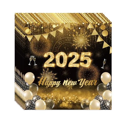 Servietten Silvester, Silvester Deko, 20 Stück Silvester Servietten Happy New Year Servietten in Schwarz Gold Können für 2025 Silvester Deko Silvester Tischdeko von JRYBXS