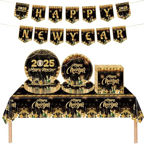 Silvester Deko 2025, 42 teilige Silvester Partygeschirr Set, Einwegteller, Servietten, Tischdecke und Banner, Einweggeschirr geeignet für die Silvesterparty deko von JRYBXS