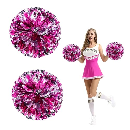 JRYGAC 2 Stück Cheerleading Pompoms, Cheerleader Pompons, Cheerleading Captain Pompons Metallisch Cheerleader Pompons Sport Squad Cheer Accessories, Cheerleading Pompons (Rose Rot, Silber) von JRYGAC