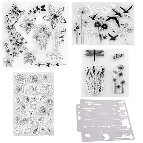 JRYGAC 4 Blätter Stempel Clear Stamp Set mit 1 Plastik Hohlschablone, Silikonstempel Enthält Eine Vielzahl von Mustern Silikon, Stampin Up Stempelset, Stempel Set, Clear Stamp für Diy Scrapbooking von JRYGAC