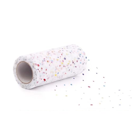 JRYGAC Tüll Rollen mit Regenbogen Pailletten, 15cm x 22m Glitzerstoff, DIY Tüllstoff, Personalisiert Glitzer Tüll für Braut Bogen Rock Geschenkverpackung Hochzeitsfeier (Weiß) von JRYGAC