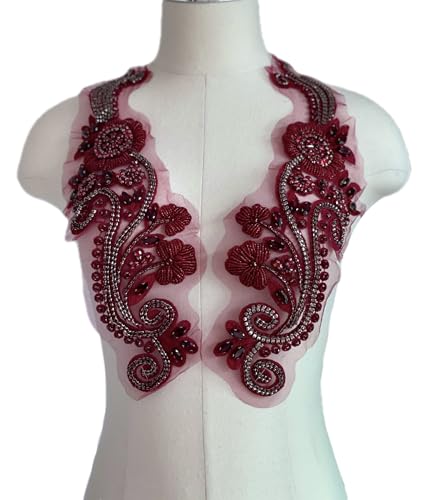 JRYYR 1 Paar Strass Applikation Kleid Applikation Strass Applikation für Kleid Hochzeit Kostüm Dekoration Strass Patch (Burgundy) von JRYYR