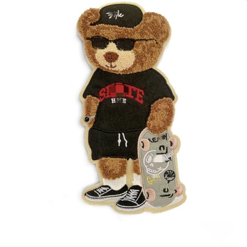 JRYYR Skateboard-Teddybär-Aufnäher, Applikation, Cartoon, Bär, Chenille, Applikation, für Kleidung, Pullover, Heimtextilien, zum Aufnähen für Rucksäcke, 28 x 14 cm (Stil 6) von JRYYR