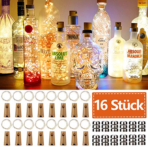 JRing 16 Stück Flaschen-Licht 20 LEDs 2M Flaschenlicht Warmweiß Lichterkette korken Stimmungslichter Weinflasche Nacht Licht für Flasche DIY, Party, Garten, Weihnachten, Halloween, Hochzeit Deko von JRing