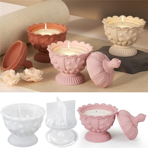 JS MOLD Blume Kerze Tasse Silikonform,Silikonform Kerzenhalter mit Deckel,GießFormen Silikon Kerzenhalter,Teetablett Obsttablett Gießform,Silikonformen für Beton Gips DIY Kerzen Vase Blumentopf von JS MOLD