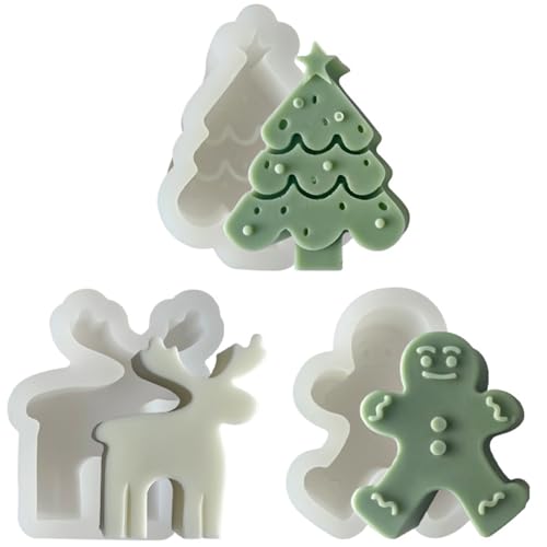 JS MOLD Weihnachten Silikonform,Weihnachten DIY Silikon Kerzen Gießform,Weihnachtsbaum Kerzenform,Lebkuchenmann, Elch, Weihnachtsbaum Kerze Silikonform Kerzengießform (3 set) von JS MOLD