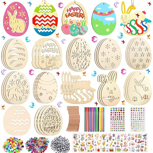 JSHENG 396 Stück Holzanhänger Ostern Zum Bemalen, Basteln Ostern Kinder, Ostern Basteln Kinder, Ostern Bastelset mit Holzanhänger Aquarellstift Strass Auge Glocke Seil Aufkleber Pompoms (Bunt F) von JSHENG