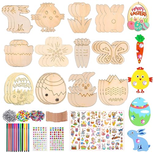 JSHENG 396 Stück Holzanhänger Ostern Zum Bemalen, Basteln Ostern Kinder, Ostern Basteln Kinder, Ostern Bastelset mit Holzanhänger Aquarellstift Strass Auge Glocke Seil Aufkleber Pompoms (Bunt G) von JSHENG