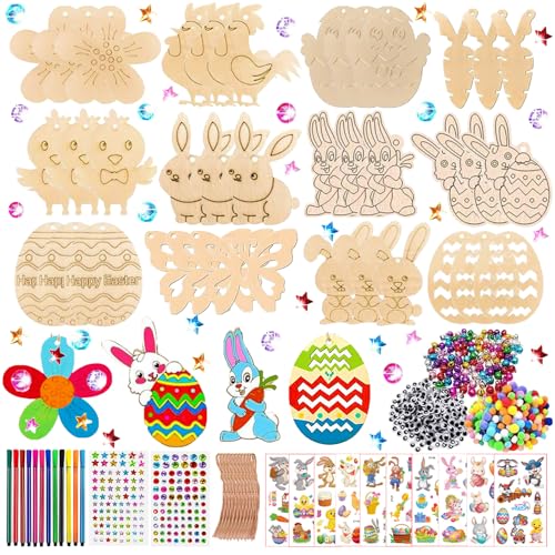 JSHENG 396 Stück Holzanhänger Ostern Zum Bemalen, Basteln Ostern Kinder, Ostern Basteln Kinder, Ostern Bastelset mit Holzanhänger Aquarellstift Strass Auge Glocke Seil Aufkleber Pompoms (Bunt H) von JSHENG