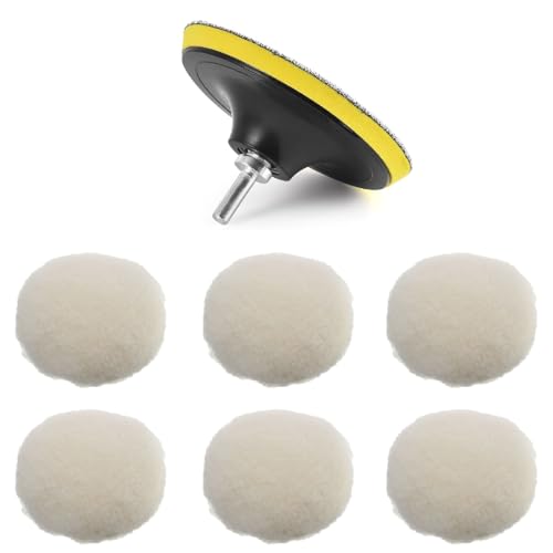 JSKWIKE 7 Pcs 80mm Wolle Polierpads Auto Polierhaube Lammfell Pad Polierpads Wolle Polieraufsatz Akkuschrauber Set für Poliermaschine Schleifmaschine zum Polieren Schleifen Wachse von JSKWIKE