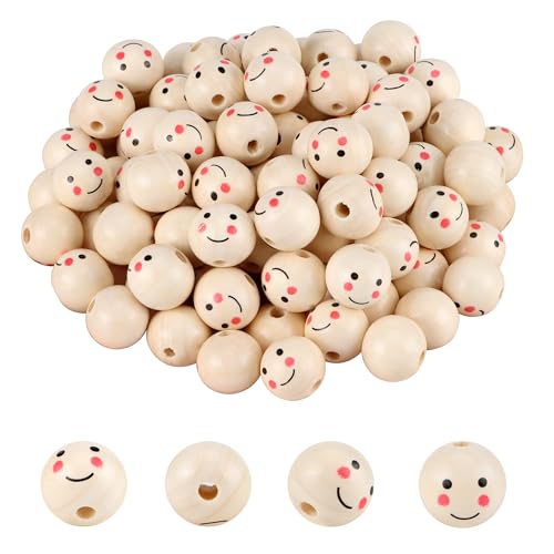 JSMTKJ 100 Stück Holzperlen mit Gesicht, Smile Face Holzperlen, Holzperlen Natur 20mm für DIY Handgefertigte Puppenkopf,Handwerk und Schmuckherstellung von JSMTKJ