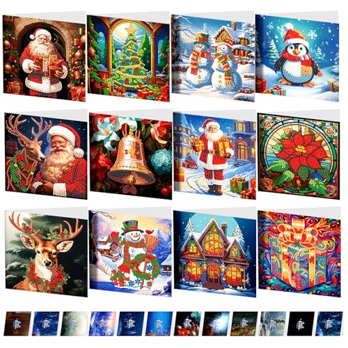 JSRQT 12 Stück 5D DIY Diamond Art Painting Karten Weihnachtskarte mit Kuverts Weihnachtskarten Strass Handwerk Handgefertigte Schöne Motive Diamant Malerei Grußkarte Christmas Grußkarten Geschenkkarte von JSRQT