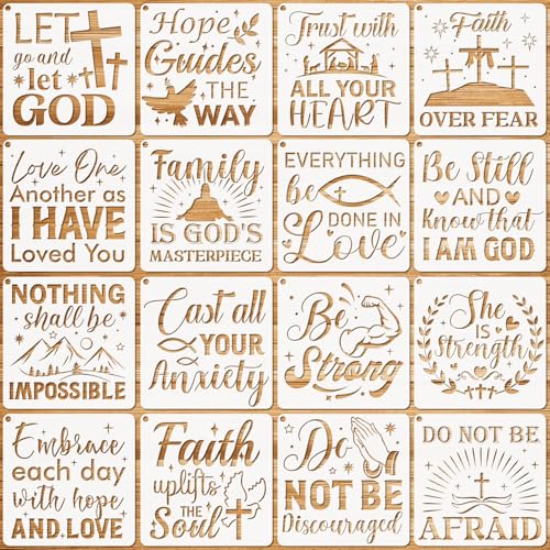 JSRQT 16 Stück Christian Schablonen Bible Verse Stencils, Wiederverwendbare Kunststoff Schablonen Vorlage, Motivierenden Worte Schablonen Malen für DIY Holz Wand Dekor Kartenherstellung, 13 × 13 cm von JSRQT