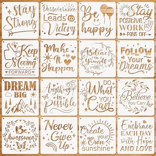 JSRQT 16 Stück Inspirierende Schablonen Malen, DIY Wiederverwendbare Schablonen aus Kunststoff, Inspirierende Wort Stencil Schablonen Set zum Malen auf Holz Wand Hemd Canvas Kartengestaltung, 20x20 cm von JSRQT