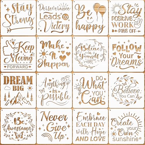 JSRQT 16 Stück Inspirierende Schablonen zum Malen, Wiederverwendbare Kunststoff Schablonen Vorlage, Motivierenden Worte Schablonen Stencils für DIY Holz Wand Dekor Kartenherstellung, 13 × 13 cm von JSRQT