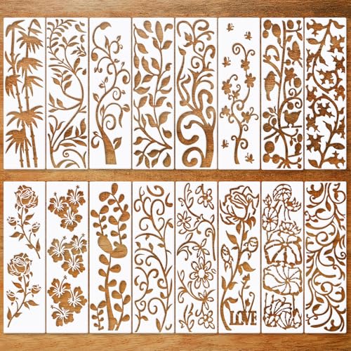 JSRQT 16 Stück Ranke Blumen Schablonen, Rand Blatt Schablonen Vorlagen,Punkt Malerei Malschablonen Vorlage für Holz, Boden, Möbel,Kuchen,Wandgestaltung Deko 11 x 3” von JSRQT