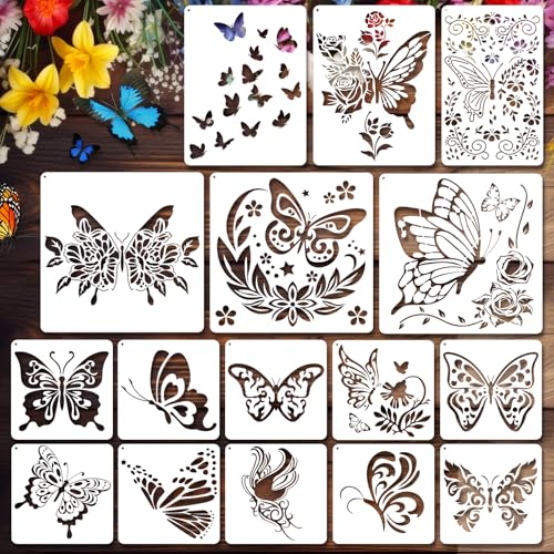 JSRQT 16 Stück Schmetterling Schablonen zum Malen, Wiederverwendbare Schablonen aus Kunststoff, Gemischte Größe Butterfly Stencil Malschablonen Set für Leinwand Holz Wand Möbel Dekoration DIY Basteln von JSRQT