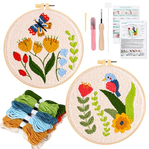 JSRQT 2 Sets Punch Needle Stickerei Set Anfänger, Schmetterling Vogel Muster Stanznadel Stickereiset für Erwachsene Kinder, Kreuzstichset Punch Needle Embroidery Kit mit 2 Stickrahmen, Nadel und Garn von JSRQT