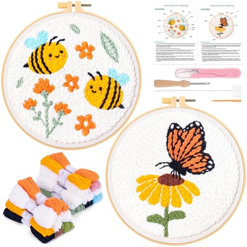 JSRQT 2 Sets Stanznadel-Stickerei-Starter-Set für Anfänger, einfaches Stanznadel-Set mit Schmetterling-Bienenmuster für Erwachsene und Kinder, handgefertigtes Stanznadel-Starter-Set, von JSRQT