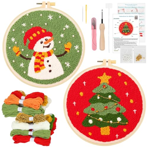 JSRQT 2 Sets Weihnachts Punch Needle Set für Anfänger, Punch Needle Stickerei Starter Set für Erwachsene und Kinder mit Weihnachtsbaum Schneemann Muster, Stanznadel Kit mit 2 Stickrahmen, Anleitung von JSRQT