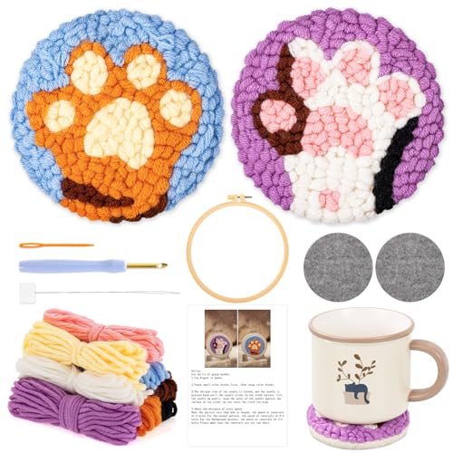 JSRQT 2 Stück Punch Needle Untersetzer Kits für Anfänger, Punch Needle Embroidery Starter Kit mit Katzenkrallenmuster, DIY Handwerk Punch Needle Stickerei Coaster Kit für Basteln von JSRQT