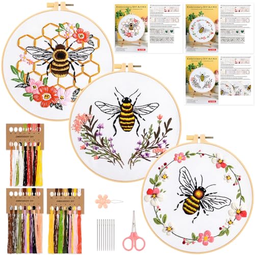 JSRQT 3 Embroidery Set Stickerei Kit Biene Gestempeltes Stickerei Starter für DIY Kunst Handwerk Nähen Blumen Stickerei Stick Starter Kit Kreuzstich Cross Stitch Set für Anfänger Erwachsene Geschenk von JSRQT