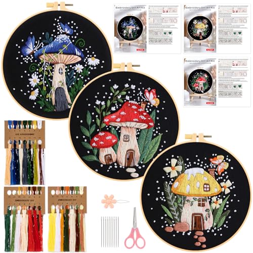 JSRQT 3 Embroidery Set Stickerei Kit Pilz Gestempeltes Stickerei Starter für DIY Kunst Handwerk Blumen Schmetterling Stickerei Stick Starter Kit Kreuzstich Cross Stitch Set für Anfänger Erwachsene von JSRQT