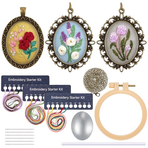 JSRQT 3 Pack Blumen Anhänger Stickerei Starter Sets, Halskette Stickset Anhänger Erwachsene, Mini Kreuzstichset mit Stickwerkzeug, DIY Handgemachtes Stickset für Halsketten Ohrring Anhänger mit Ketten von JSRQT