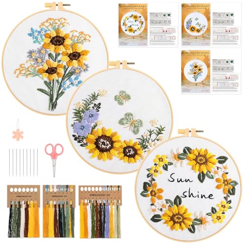 JSRQT 3 Sets Anfänger Stickerei Kit Sonnenblumen, Handgefertigtes Sticken Set, Gestempeltem Kreuzstichset Starter mit Nadeln, Fäden, Stoff, Stickrahmen und Anleitung, für DIY Kunst, Handwerk, Nähenset von JSRQT