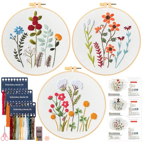 JSRQT 3 Sets Blumen Stickerei Set Anfänger, DIY Einfach Handstickset für Erwachsene Kinder, Gestempeltes Kreuzstich Sticken Set mit Stickrahmen, Anleitung, Nadel und Faden für DIY Kunst, Handwerk von JSRQT