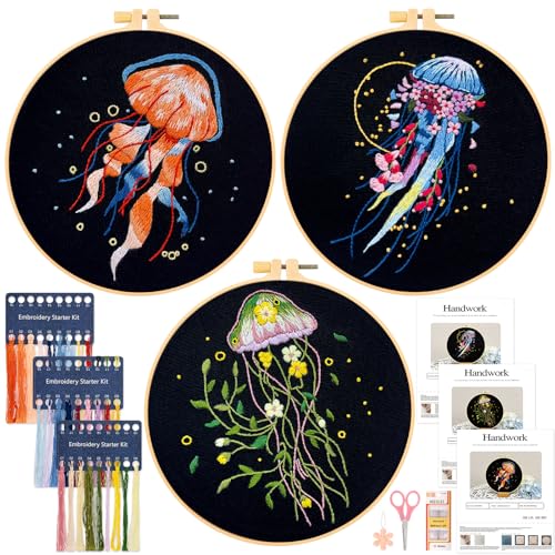 JSRQT 3 Sets Embroidery Set Sticken für Anfänger Erwachsene Stickerei Stick Starter Kit Gestempelten Sticksets für DIY Kunst Handwerk Geschenk Kreuzstich Kit Cross Stitch Set Farbfäden und Werkzeuge von JSRQT