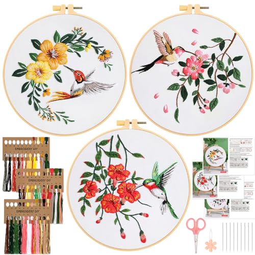 JSRQT 3 Sets Sticken Stickerei Kit Blumenmuster Pflanzen Anfängerset Stickereien Kreuzstich Kit für Anfänger Erwachsene Cross Stitch Stickerei Set für DIY Kunst Handwerk Nähen Embroidery Kit Stickset von JSRQT