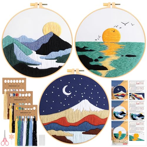 JSRQT 3 Sets Stickerei Set Anfänger Erwachsene, Gestempeltes Kreuzstichset, Stick Starter Set mit Landschaftsmuster, Handgefertigtes Stickenset Embroidery Kit mit Anleitung Stickrahmen Nadel und Fäden von JSRQT