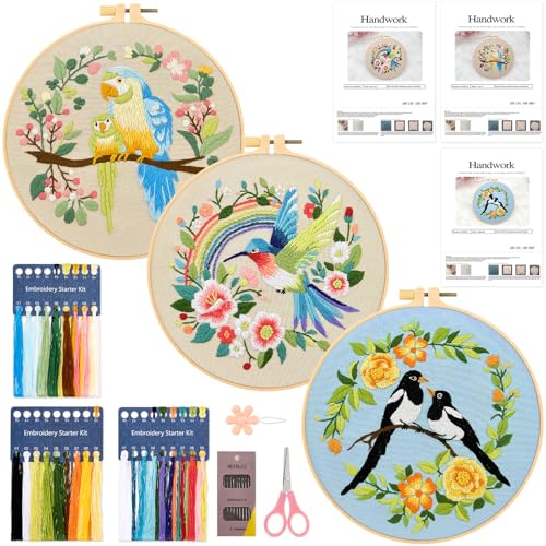 JSRQT 3 Sets Stickerei Set Stickset für Anfänger mit Bunt Blumen und Vogelmuster, Kreuzstich Starterset Erwachsene, Komplettes Sticken Set mit Stickwerkzeug einschließlich Stickrahmen, Nadel und Faden von JSRQT