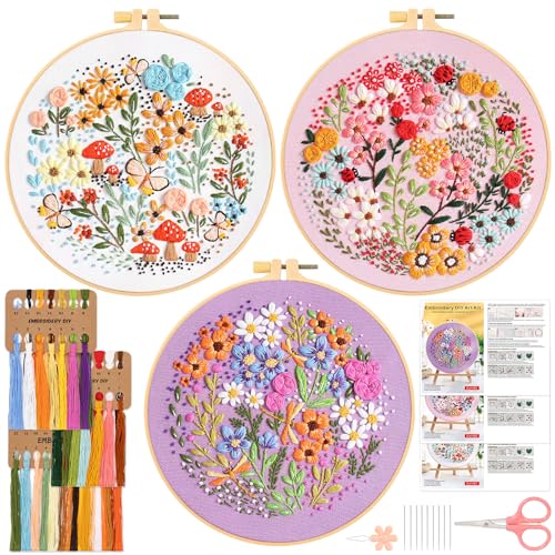 JSRQT 3 Stück Stickerei Set Blumenmuster Pflanzen Embroidery Kit Stickset für Anfänger Erwachsene DIY Handgemachte Kreuzstich Set Handwerk Nähen Stickerei Stick Starter Kit für DIY Kunst von JSRQT