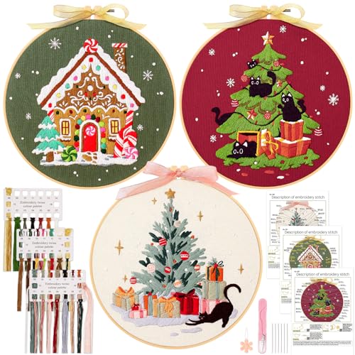 JSRQT 3 Stück Embroidery Set Kreuzstich Kit Weihnachts Cross Stitch Set mit Weihnachtsmuster Stickerei Kit Sticken Stickerei Stick Starter Kit für Anfänger Erwachsene Gestempelten Sticksets Handwerk von JSRQT