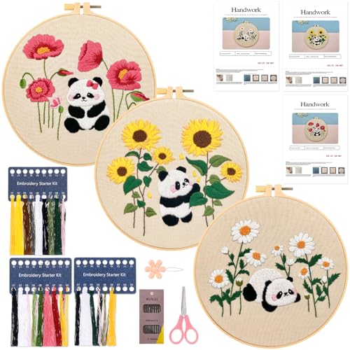 JSRQT 3 Stück Embroidery Set Stickerei Kit Panda Gestempeltes Stickerei Starter für DIY Kunst Handwerk Stickerei Stick Starter Kit Kreuzstich Cross Stitch Set für Anfänger Erwachsene Nähen Sticken von JSRQT