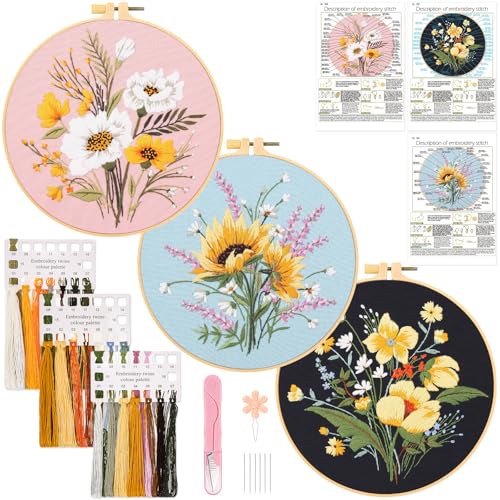 JSRQT 3 Stück Embroidery Set Stickerei Kit für Anfänger Erwachsene Gestempeltes Stickerei Starter für DIY Kunst Handwerk Stickerei Stick Starter Kit Kreuzstich Cross Stitch Set Blumenmuster Pflanzen von JSRQT