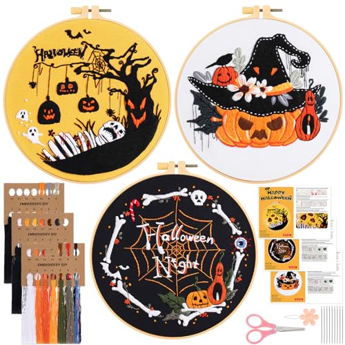 JSRQT 3 Stück Halloween Stickerei Set für Anfänger Erwachsene, Kreuzstich Set mit Kürbis Skelett Muster, Komplettes Sticken Starter Set mit Stickwerkzeug, DIY Stickset für Kunsthandwerk und Dekoration von JSRQT