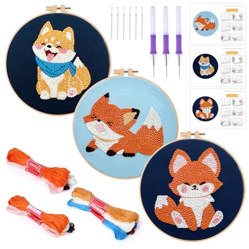 JSRQT 3 Stück Punch Needle Stickerei Set Fuchs Stanznadel Stickerei Starter Kit für Anfänger Erwachsene Kit Punch Needle Debutant Stanznadelstoff Muster Set Embroidery Starter Kits Basteln Geschenk von JSRQT