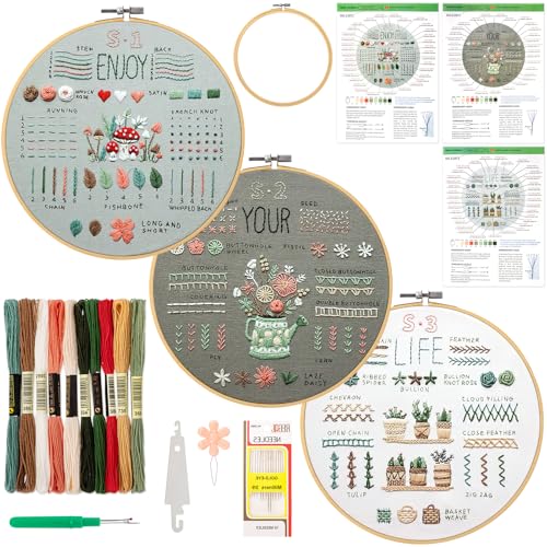 JSRQT 3 Stück Stickerei Kit Embroidery Stitches Kits für Anfänger Erwachsene Gestempelten Sticksets Stickerei Kreuzstich Set für DIY Kunst Cross Stitch Set Blumenmuster Pflanzen Stickmuster Handwerk von JSRQT