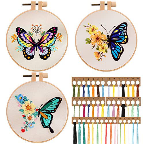 JSRQT 3 Stücke Schmetterling Gestempeltes Stickerei Starter Kit,DIY Handgemachte Stickerei Kreuzstich Set, Embroidery Cross Stitch Starter Kit für Anfänger von JSRQT