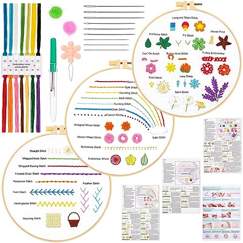 JSRQT 3 Stück Stickerei Set Anfänger Blumenmuster Punch Embroidery Stitches Kits für DIY Kunst Stickerei Stick Starter Kit Gestempelten Sticksets für Erwachsene Cross Stitch Set Nadeln und Nähen Tools von JSRQT