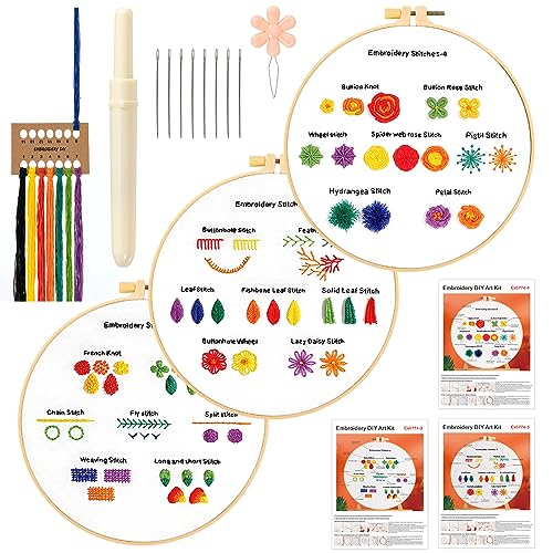 JSRQT 3 Stück Stickerei Set Anfänger für DIY Kunst Punch Embroidery Stitches Kits Blumenmuster Stickerei Stick Starter Kit Gestempelten Sticksets für Erwachsene Cross Stitch Set Nadeln und Nähen Tools von JSRQT