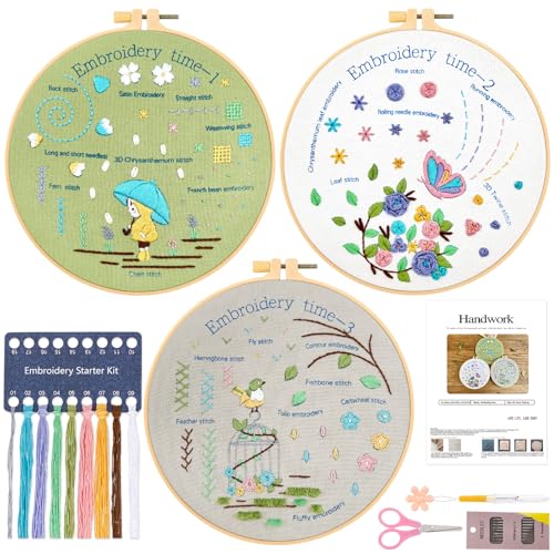 JSRQT 3 Stück Stickerei Starter Kit Für Erwachsene Anfänger, Handgemachtes Gestempelten Sticksets Enthält Gestempelt Blume Muster, Farbfäden, Werkzeuge, Anleitung von JSRQT