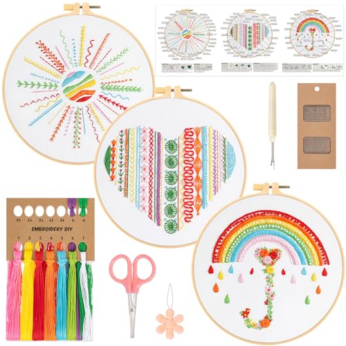 JSRQT 3 Stück Stickset für Anfänger, Stich Praxis Stickerei Kit für Erwachsene Kinder, Regenbogen Kreuzstich Starterset mit Anleitung, Embroidery Stitch Practice Kit für DIY Kunst Dekoration von JSRQT