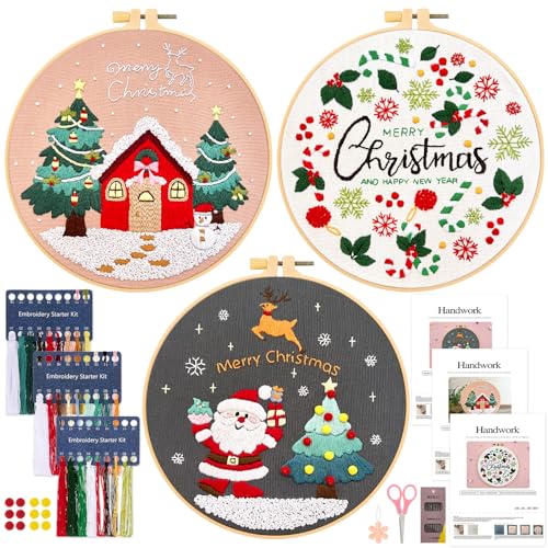 JSRQT 3 Stück Weihnachts Stickerei Starter Set Anfänger, Gestempeltes Kreuzstichset für Erwachsene, Handstickset mit Schneehaus Weihnachtsbaum Bonbon Muster, Stickenset für Handarbeiten mit Werkzeug von JSRQT